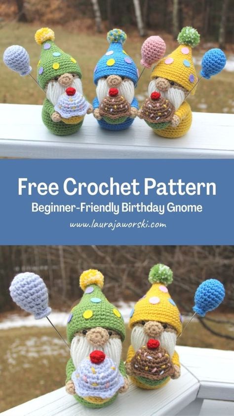 Birthday Amigurumi Free Pattern, Birthday Gnome Crochet Pattern, Crochet Birthday Gnomes Free Pattern, Crochet Flower Gnomes Free Pattern, Crochet Birthday Gnome, Crochet Gonks Free Pattern, Birthday Crochet Patterns Free, Crochet Birthday Ideas, Crochet Gonk Pattern Free