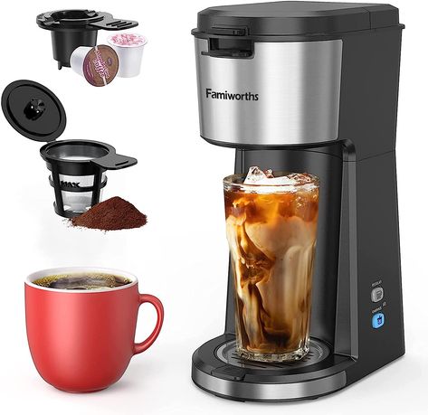 Famiworths Iced Coffee Maker, Hot and Cold Coffee Maker Single Serve for K Cup and Ground, with Descaling Reminder and Self Cleaning, Iced Coffee Machine for Home, Office and RV Iced Coffee Machine, One Cup Coffee Maker, Single Serve Coffee Maker, Single Cup Coffee Maker, Capsule Coffee, Iced Coffee Maker, How To Make Ice Coffee, Pod Coffee Makers, Cold Brew Coffee Maker