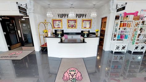 Dog Salon Interior Design, Dog Grooming Salon Ideas Decor Business, Mobile Dog Boutique, Luxury Dog Grooming Salons, Pet Spa Design Grooming Salon, Cute Pet Store, Pink Dog Grooming Salon, Pet Grooming Shop, Dog Boutique Ideas