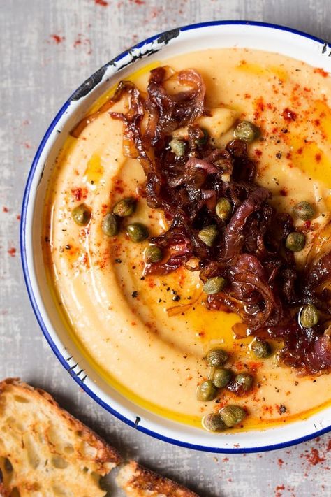 Greek Fava, Onions Recipes, Fava Beans Recipes, Homemade Hummus Recipe, Caramelised Onions, Lazy Cat Kitchen, Red Onion Relish, Onion Relish, Homemade Hummus