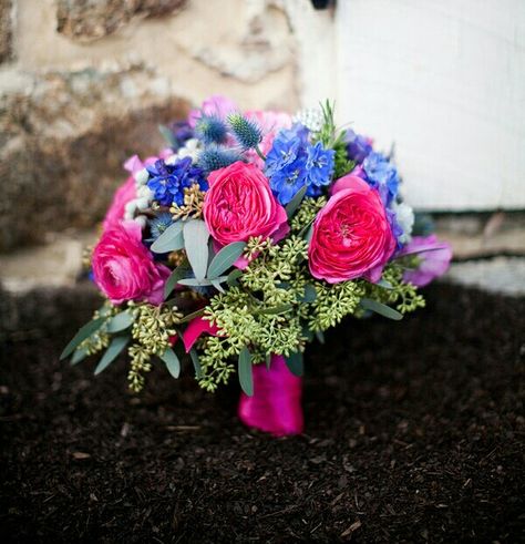 Homecoming Bouquets, Hot Pink Ranunculus, Blue Eryngium, Pink Rose Wedding Bouquet, Cobalt Blue Weddings, Delphinium Blue, Silver Brunia, Homecoming Flowers, Hoco 2024