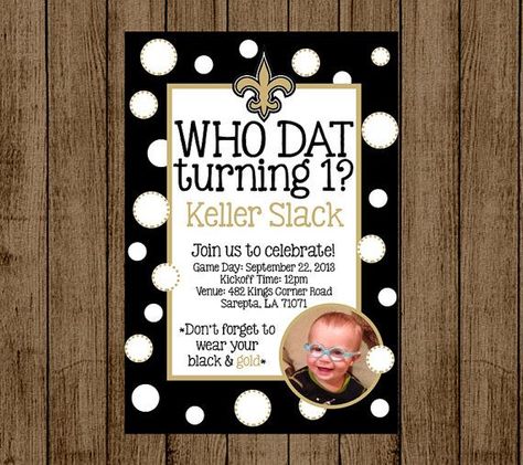 Awesome FREE Template New Orleans Saints Birthday Invitations Saints Birthday Party Ideas, New Orleans Saints Birthday Party Ideas, New Orleans Saints Baby Shower Theme, Saints Cakes New Orleans, New Orleans Invitation, Football First Birthday, Birthday Party Invitations Free, Welcome Home Parties, Custom Birthday Invitations