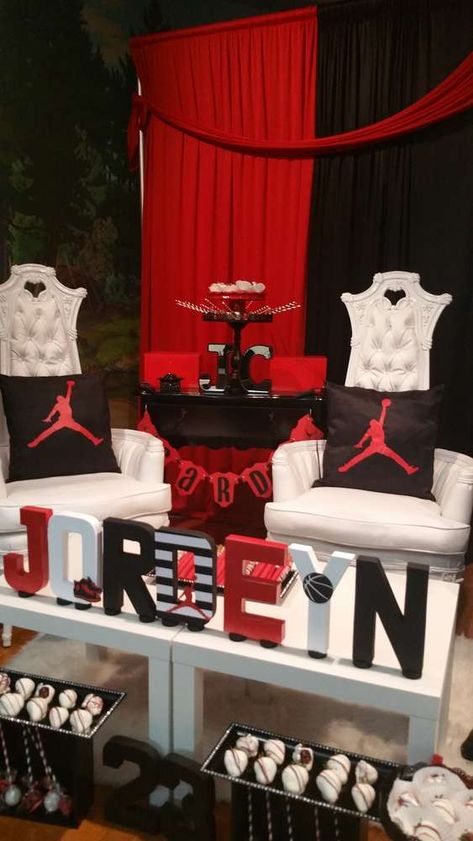 Jordan Baby Shower  | CatchMyParty.com Michael Jordan Baby Shower, Sneakerhead Party Ideas, Sneaker Ball Baby Shower Ideas, Nike Nursery, Jordan Birthday Party Ideas, Sneakerball Party Ideas, Jordan Birthday Party Ideas Decoration, Michael Jordan Birthday Party, Jordan Baby Shower Theme