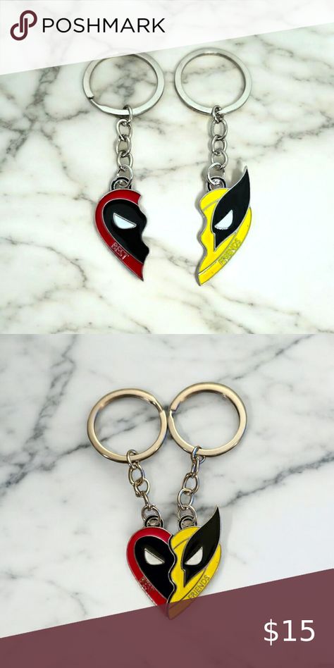 NEW Deadpool & Wolverine 2 Piece Best Friends Heart Keychain Friends Heart, Deadpool And Wolverine, Deadpool Wolverine, Heart Keychain, Gift Bundles, Marvel Fan, Red And Yellow, Iconic Characters, Heart Design