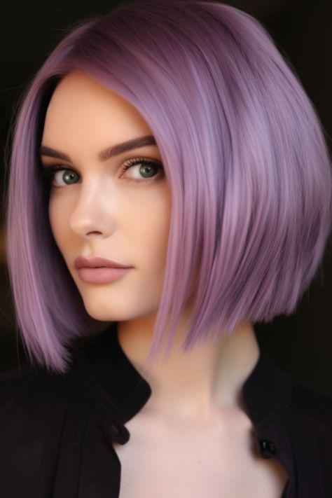 The sleek bob in a lavender shade makes a bold fashion statement. It’s perfect for those with hair and adds a modern twist to the timeless bob hairstyle. Click here to check out more cute and fun shoulder-length haircuts and hairstyles. Lavender Hair Colors, Light Purple Hair, Bob Haircut Curly, Deep Magenta, Pastel Pink Hair, Cool Skin Tone, Coloured Hair, Lavender Hair, Sleek Bob