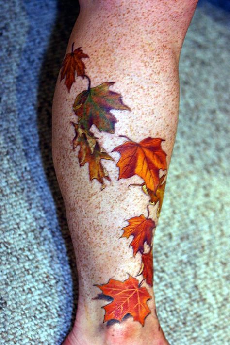 Fall Leaves Tattoo - 40 Unforgettable Fall Tattoos  <3 <3 Reign Tattoo, Tattoos Leaves, Season Tattoo, Leaf Tattoo Ideas, Tattoo Leaves, October Tattoo, Tattoos Roses, Fall Tattoos, Fall Leaves Tattoo