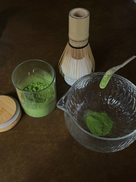 My cute matcha set I got #matcha #aesthetic At Home Matcha, Matcha At Home, Making Matcha, Matcha Bars, Matcha Japan, Matcha Aesthetic, Matcha Set, Green Drinks, Iced Matcha