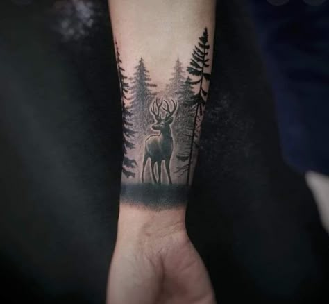 Scottish Stag Tattoo, Mountain And Deer Tattoo, Elk Tattoos, Hunting Forearm Tattoos, Deer Forest Tattoo, Realism Forest Tattoo, Deer Landscape Tattoo, Men’s Deer Tattoo, Forest Forearm Tattoo