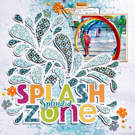 12 x 12 Scrapbook layout featuring Paige Evans cut files and her Splendid collection with American Crafts. Stencil Flowers, 13 Days Of Halloween, Beach Scrapbook Layouts, Splash Zone, Paige Evans, Summer Cut, Vacation Scrapbook, Pink Paislee, Star Confetti