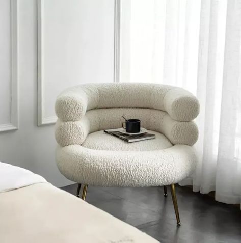 Why the Vanilla Girl Aesthetic Is the Ultimate Trend for Minimalist Design Lovers Small Couches For Bedrooms Aesthetic, Mini Sofa For Bedroom Aesthetic, Chair Aesthetic, Cloud Chair Aesthetic, Aesthetic Chairs, Couch Bedroom, White Fluffy Chair, White Fluffy Armchair, Lounge Chair Bedroom