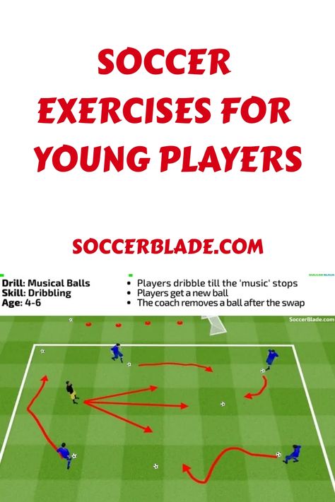 Soccer dribbling drill for young players aged 4-6, focusing on musical balls. Soccer Exercises, Youth Soccer Drills, Soccer Practice Drills, School Soccer, Cone Drills, Passing Drills, Soccer Workouts, Soccer Practice, Soccer Drills