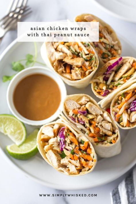 These Asian chicken wraps with peanut sauce are an easy and healthy lunch. Tortillas filled with chicken, crunch coleslaw and peanuts with a spicy, tangy peanut sauce. #chicken #lunch Asian Chicken Wraps, Peanut Sauce Chicken, Chicken Lunch, Thai Peanut Sauce, Chicken Wrap Recipes, Sauce Chicken, Peanut Chicken, Asian Chicken, Chicken Wraps