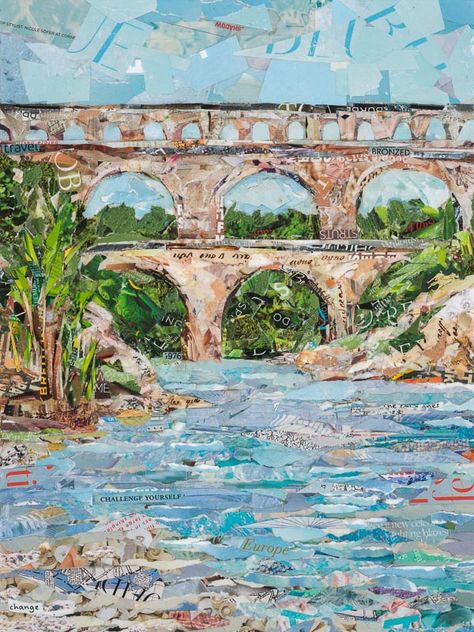 Art by Gina Torkos | Artwork Archive Bridge Collage Art, Collage Scenery, Landscape Collage Art, Magazine Painting, Paper Mosaics, Food Collage, Collage Landscape, Roman Aqueduct, A Level Art Sketchbook