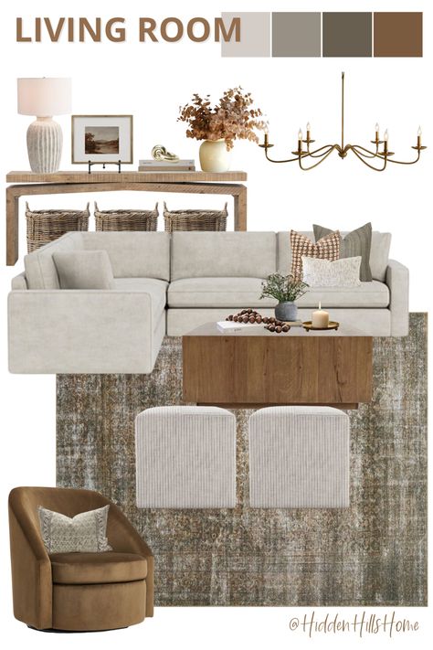 Cozy living room decor mood board with a sectional sofa! This living room design has warm and inviting tones Sofa And 2 Accent Chairs, Grey Blue And Rust Living Room, Living Room With Light Grey Sectional, Long Living Room With Sectional, Stone Sectional Living Room, Greys Browns Living Room, Neutral Living Room Leather Couch, Gray Sofa Neutral Living Room, Apartment Decor Mood Board