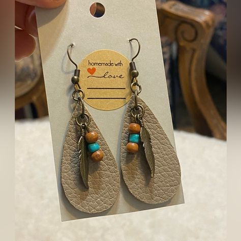 Hand Made Earrings Made Leather Beads Wood Metal Feathers Metal Hooks Aztec Leather Earrings, Leather And Beads Jewelry, Homemade Leather Earrings, Beaded Leather Earrings, Making Leather Earrings, Leather Earrings Cricut, Diy Leather Feather Earrings, Diy Western, Cricut Jewelry