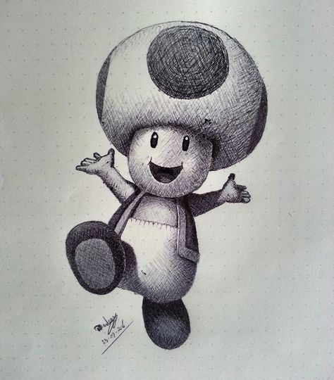 Toad Ink Drawing, Toad Nintendo, Ballpoint Sketch, Toad Drawing, Mario Tattoo, Inktober 2023, Leg Sleeve, Leg Sleeves, Toad