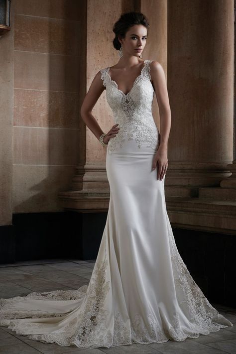 Sophia Tolli Wedding Dresses, Sophia Tolli, Satin Wedding Gown, Sheath Wedding, White Wedding Dress, Fit And Flare Wedding Dress, Trendy Wedding Dresses, Wedding Dresses Satin, Fitted Wedding Dress