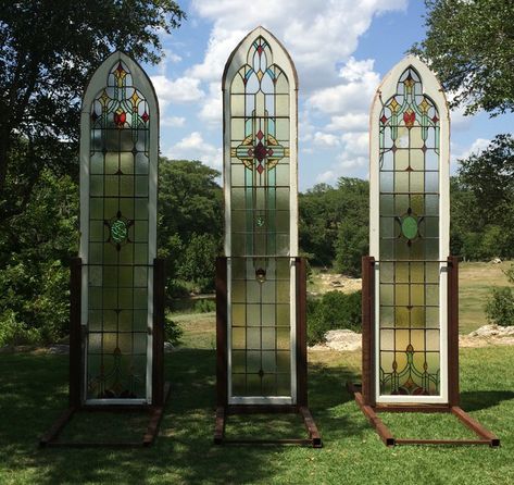 Vintage Architecture Rentals: Gothic Window Trio Shed Wedding, Architecture Gallery, Stained Glass Frames, Gothic Window, Rustic Wedding Backdrops, Gothic Windows, Church Office, Window Stained, Stained Glass Door