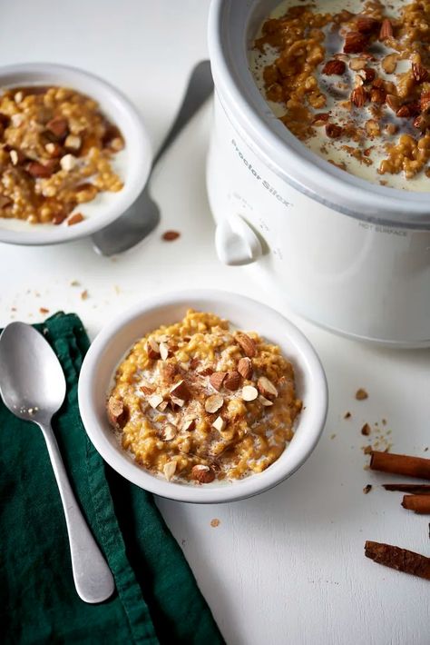 Slow Cooker Creamy Pumpkin Spice Oatmeal | The Kitchn Spice Oatmeal, Pumpkin Spice Oatmeal, Slow Cooker Oatmeal, Breakfast Recipies, Pumpkin Breakfast, Slow Cooker Pumpkin, Slow Cooker Vegetarian, Easy Oatmeal, Breakfast Sweets