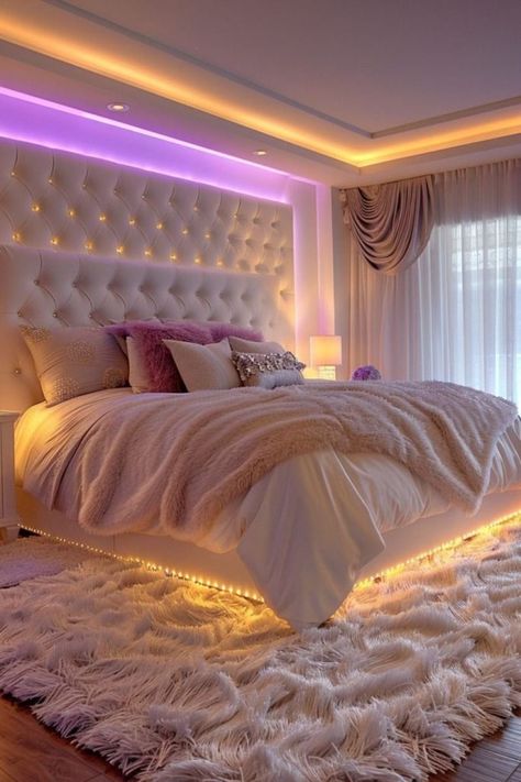 Soft Led Lights Bedroom, Room Ideas Large Bedroom, Led Light On Bed, House Interior Led Lights, Romantic Bedroom Lights, Pink Bedroom Mood Board, Bedroom Lighting Aesthetic, Led Lights Around Bed, Bedroom Setting Ideas