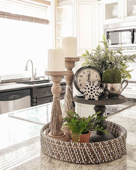 Kitchen Island Decorating Ideas Rustic, Kitchen Table Vignette Ideas, Tray On Kitchen Table, Rustic Island Decor, Modern Farmhouse Island Decor, 2 Tier Tray Decor Dining Room Table, Center Island Decor Farmhouse, Decorating Kitchen Table Ideas, Kitchen Pedestal Decor