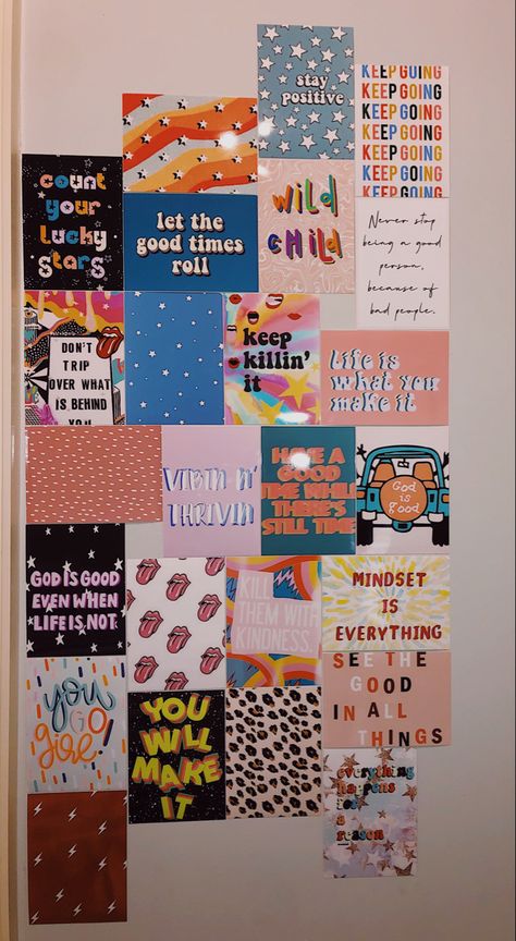 Wall Collage Pattern Ideas, Aesthetic Mini Posters, Wall Picture Collage Ideas Aesthetic, Collage Wall Prints Ideas, Aestic Room Decor, Wall Collage Quotes, Cute Collage Ideas, Wall Stickers Bedroom Aesthetic, Dorm Collage Wall