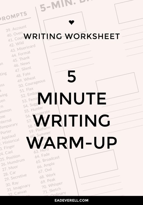 WRITING WARM UP EXERCISE - This writing worksheet is to help you warm up, loosen up, and write fast. I recommend using word association to follow the thread of your thinking. Set a timer to 5 minutes and keep the pen moving. Don’t stop to think! P.S. Want some company? Watch the write… Writing Warm Ups, Novel Plotting, Warm Up Exercise, 5 Minute Journal, Word Association, Creative Writing Exercises, Writing Exercises, Writing Assignments, Writing Challenge