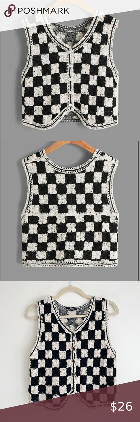 OVER KLESHAS checkered knit vest sweater v neck crochet patterned black white Checkered Knit Sweater, Crochet Checkered, V Neck Crochet, Vest Sweater, Sleeveless Sweater Vest, Checker Print, Black And White Shirt, Crochet Inspiration, Crochet Vest