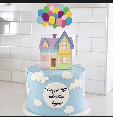 Up Theme Desserts, Up Movie Gender Reveal Theme, Up Theme Birthday Cake, Disney Up Gender Reveal Theme, Pixar Up Cake, Up Cake Ideas Disney, Up Themed Gender Reveal Ideas, Disney Gender Reveal Cake, Pixar Up Themed Baby Shower Ideas