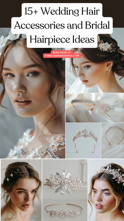 A stunning bride and a collection of wedding hair accessories including tiaras, hairpins, headbands, and floral crowns for various bridal styles and hair types. Wedding Hairpiece, Bridal Hairpiece, Stylish Headbands, Beautiful Hair Accessories, Floral Crowns, Different Hair Types, Different Hair, Trendy Wedding Hairstyles, Short Wedding Hair