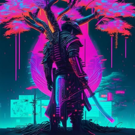 SAMURAI, cyberpunk, neon Neon Samurai, Dnd Aesthetic, Futuristic Samurai, Japanese Art Samurai, Aesthetic Board, Neon Aesthetic, Color Art, Bright Purple, Neon Color