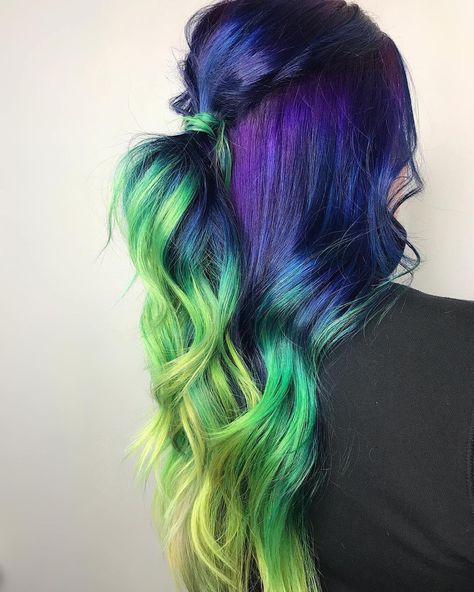 Purple Pink Green Hair, Pink Purple Blue Green Hair, Purple To Green Hair, Blue Purple Pink Hair, Pink And Green Hair, Purple And Green Hair, Long Hair Highlights, Hair Color Shades, Bright Hair