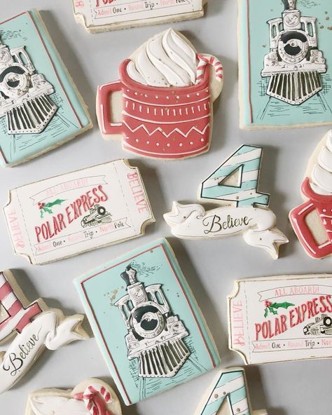 Polar Express Cookies, Believe Polar Express, Royal Icing Decorated Cookies, Kids Cookies, Xmas Printables, Christmas Sugar Cookies Decorated, Cookies Sugar, Bespoke Invitations, Sugar Cookie Royal Icing