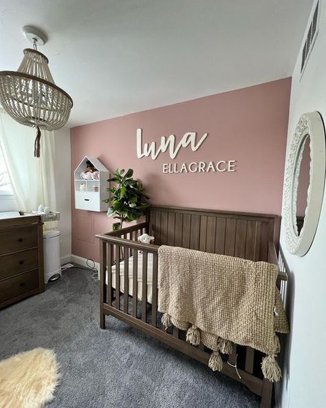 Cherry Wood Nursery, Pink Wood Accent Wall Nursery, Dark Wood Crib Nursery Girl, Dark Brown Crib Nursery Girl, Dark Wood Crib Nursery With Pink, Cherry Wood Crib Nursery, Baby Girl Nursery Brown Crib, Dark Wood Nursery, Nursery Dark Furniture