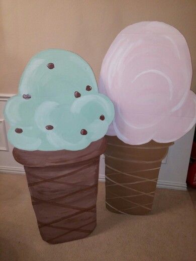 Cardboard Ice Cream Cones - 4 1/2' & 5' tall - large sheet of cardboard and Acrylic paints. Candyland Ice Palace, Cardboard Ice Cream Cone, Ice Cream Sea Candyland, Large Ice Cream Cone Decoration, Giant Ice Cream Cone Decoration, Preschool Prom, Cardboard Ice Cream, Sweet Props, Cardboard Gingerbread House