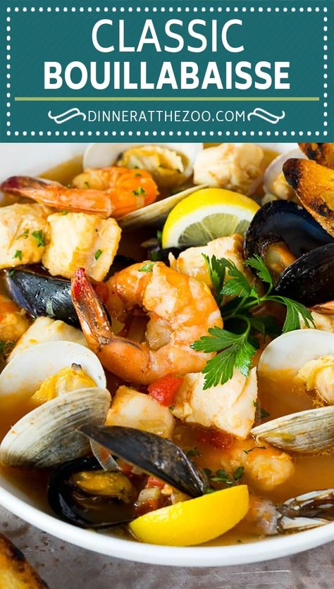 This bouillabaisse is French seafood stew with fresh fish, shrimp, clams and mussels, all simmered together in a flavorful broth. Seafood Bouillabaisse, French Seafood, Clams And Mussels, Bouillabaisse Recipe, Easy Dinner Options, Seafood Stew, Fish Soup, Fresh Fish, The Zoo