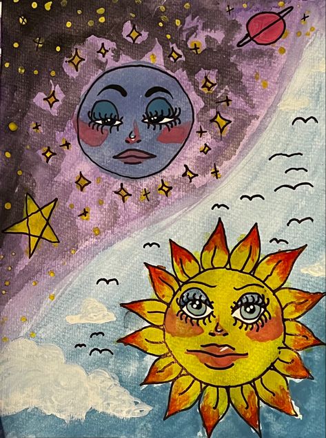 Sum And Moon Drawing, Sun And Moon Watercolor Painting, Cute Sun And Moon Drawing, Moon With Stars Drawing, Sun And Moon Drawing Paintings, Sun And Moon Painting Canvases Easy, Sun And Moon Art Drawings, Sun And Moon Drawing Aesthetic, Sun And Moon Cartoon