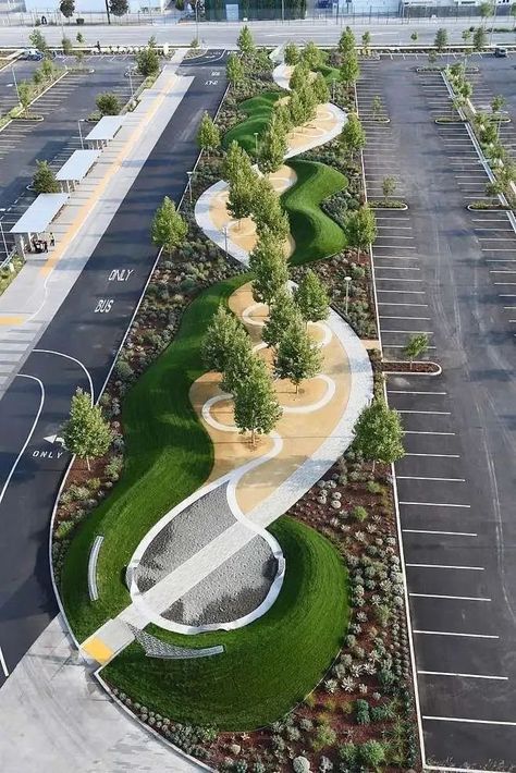 Entrance Plaza Landscape Design, Landscape Parking Design, College Campus Design Concept, Parking Lot Design Architecture, Park Architecture Public Spaces, Urban Design Concept Ideas, Bike Path Design, Facade Ideas Architecture, Modern Park Design