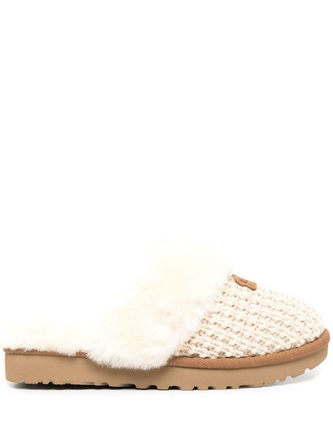 Cozy knitted sheepskin slipper from UGG featuring cream white, sheepskin, knitted construction, logo patch to the front, slip-on style and flat rubber sole. Low Uggs, White Uggs, Ugg Cozy, Knitted Uggs, White Slippers, Shearling Slippers, Shoe Wishlist, Sheepskin Slippers, Construction Logo