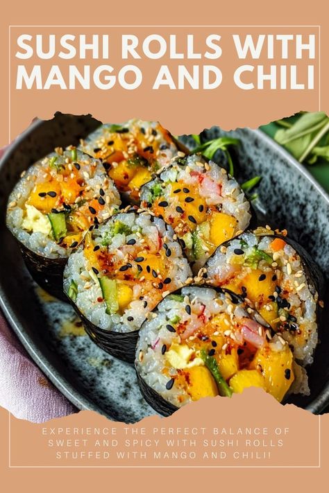 Spice up your sushi with Mango and Chili Rolls! These vibrant sushi rolls combine the sweet juiciness of mango with a kick of chili for a unique and delicious fusion bite. Perfect for sushi lovers looking to try something new and exciting! Mango Sushi, Buttered Noodles Recipe, Leftover Breakfast, Chicken Pie Recipe, Dessert Sushi, Brunch Appetizers, Best Chinese Food, Delicious Seafood Recipes, Best Mexican Recipes