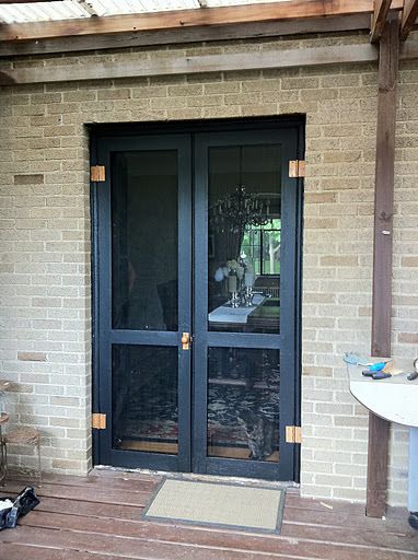 Diy Screen Door For French Doors, French Doors With Storm Doors, Screen French Doors, Double Front Door With Screen Doors, Bifold Screen Door Ideas, Screen Doors For French Doors, Screen Door For French Doors, French Screen Doors, Porch Details