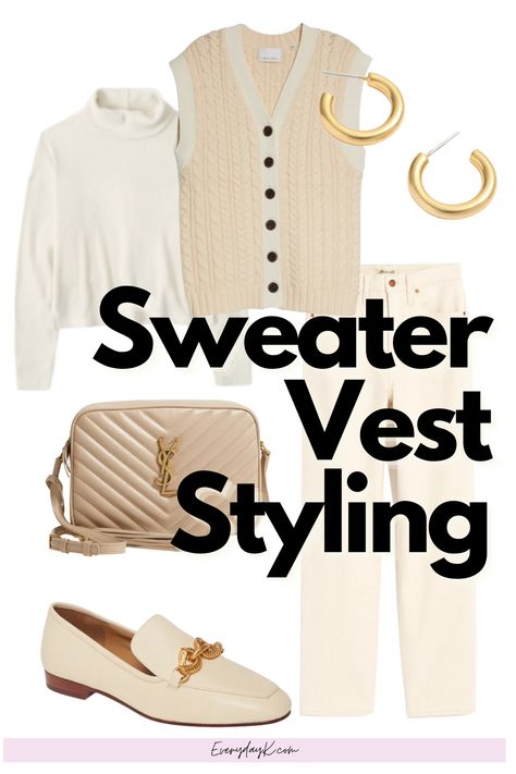 The sweater vest aesthetic is a big trend this Winter. Head to this post on the blog to see more sweater vest outfit ideas. Casual V-neck Sweater Vest For Day Out, Classic V-neck Sweater Vest For Winter, V-neck Sweater Vest For Fall Day Out, Puff Sleeves Tops, Cozy V-neck Sweater Vest For Fall, Trendy Beige V-neck Sweater Vest, How To Style A Sweater Vest, Fall Vest Outfits, Long Sweater Vest