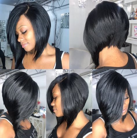 Layered Steeply Angled Glossy Bob Bob Hairstyles For Black Women, Black Bob Hairstyles, Tan Skin Blonde Hair, Short Black Hair, Trendy Bob Hairstyles, Stacked Bob Haircut, Haircut With Bangs, Black Bob, Angled Bob