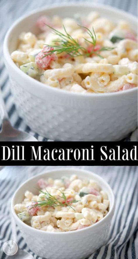 Dill Macaroni Salad made with English cucumbers, tomatoes and a sour cream and fresh dill dressing is super tasty. Amish Macaroni Salad, Creamy Macaroni Salad, Dill Dressing, Best Macaroni Salad, Potato Pasta, Macaroni Recipes, Macaroni Salad Recipe, Macaroni Pasta, Dill Sauce