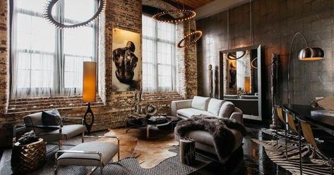 For $360K in Cabbagetown, ‘sophisticated, luxurious retreat’ takes chances Industrial Glam Living Room, Industrial Decor Living Room, Industrial Style Living Room, Industrial Glam, Narrow Living Room, Concrete Stained Floors, Glam Living, Living Room Themes, Industrial Style Decor