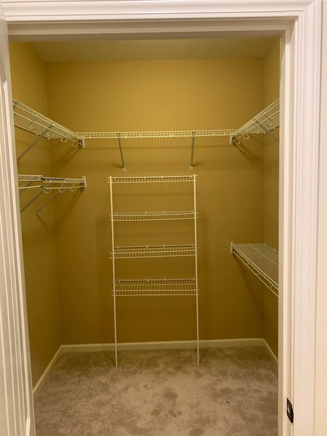 Master Closet Makeover Hall Closet Ideas Hallways, Small Master Closet Makeover, Diy Closet Transformation, Replacing Wire Shelves In Closet, Custom Closet Ideas Small Walk In, Builder Grade Walk In Closet Makeover, Walk In Closet Wire Shelving Ideas, Diy Closet Makeover Ideas, Budget Closet Makeover