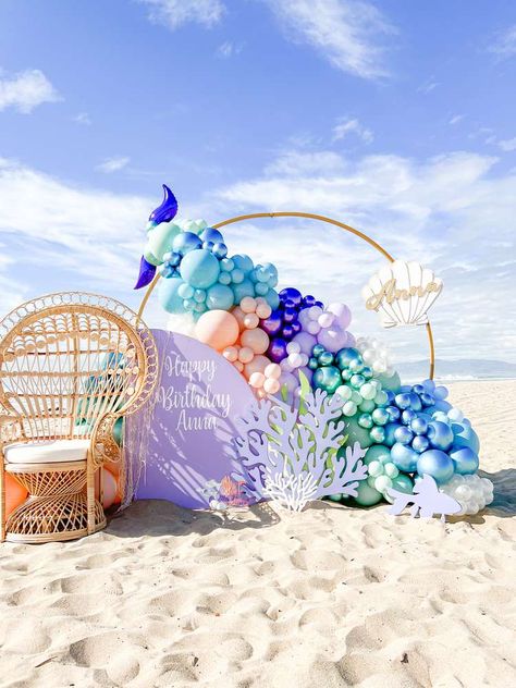 Anna’s under the sea party | CatchMyParty.com Beach Side Birthday Decoration, Sea Theme Birthday Decoration, Beach Backdrop Ideas, Birthday Sea Theme, Beach Birthday Decor, Sea Theme Birthday Party, Under The Sea Backdrop, Sea Theme Birthday, Beach Birthday Decorations