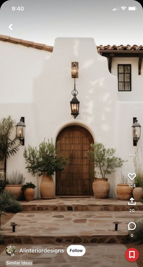 Spanish Porch, Adobe House Exterior, Stucco Fence, California Patio, Mexican Farmhouse, Japandi House, Miami House, Spanish Homes, Dark Trim