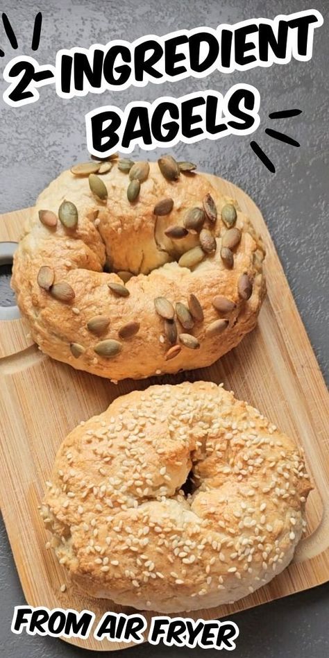 2-Ingredient Bagels With Greek Yogurt on wooden board. text: "2 ingredient bagels from air fryer" Bagels With Greek Yogurt, Yogurt Bagel Recipe, Protein Bagel Recipe, High Protein Bagels, Easy Bagel Recipe, Greek Yogurt Bagels, Yogurt Bagels, Easy Bagel, Protein Bagels