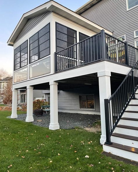 Elevated Back Porch, Second Story Screened In Porch And Deck, Raised Front Porch Ideas, Enclosed Deck Ideas, Deck Expansion, Dining Area Wall, Enclosed Deck, Second Floor Deck, Screened In Porch Decorating Ideas